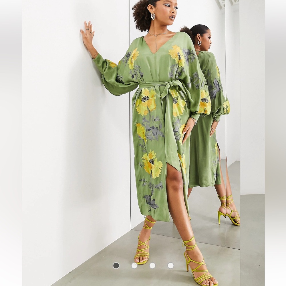 ASOS EDITION embroidered satin belted v neck midi dress in olive green